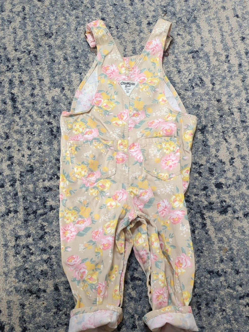 OshKosh B'gosh Tan Floral Girls' Overalls with Pink & Yellow Blossoms